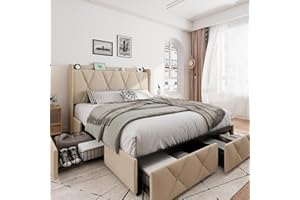 iPormis Queen Bed Frame with 4 Storage Drawers, Upholstered Platform Bed Frame with Charging Station, Modern Wingback Storage Headboard, Easy Assembly, Beige