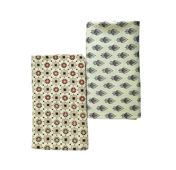 Men's Cotton Hand Block Print Handloom 2.25 m Lungis (Off-White, Free Size) -Set of 2