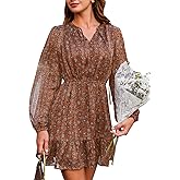 CUPSHE Women Fall Dresses Double Layer Glitter V Neck Ruffle Floral Puff Long Sleeve Elastic Waist Mini Dress
