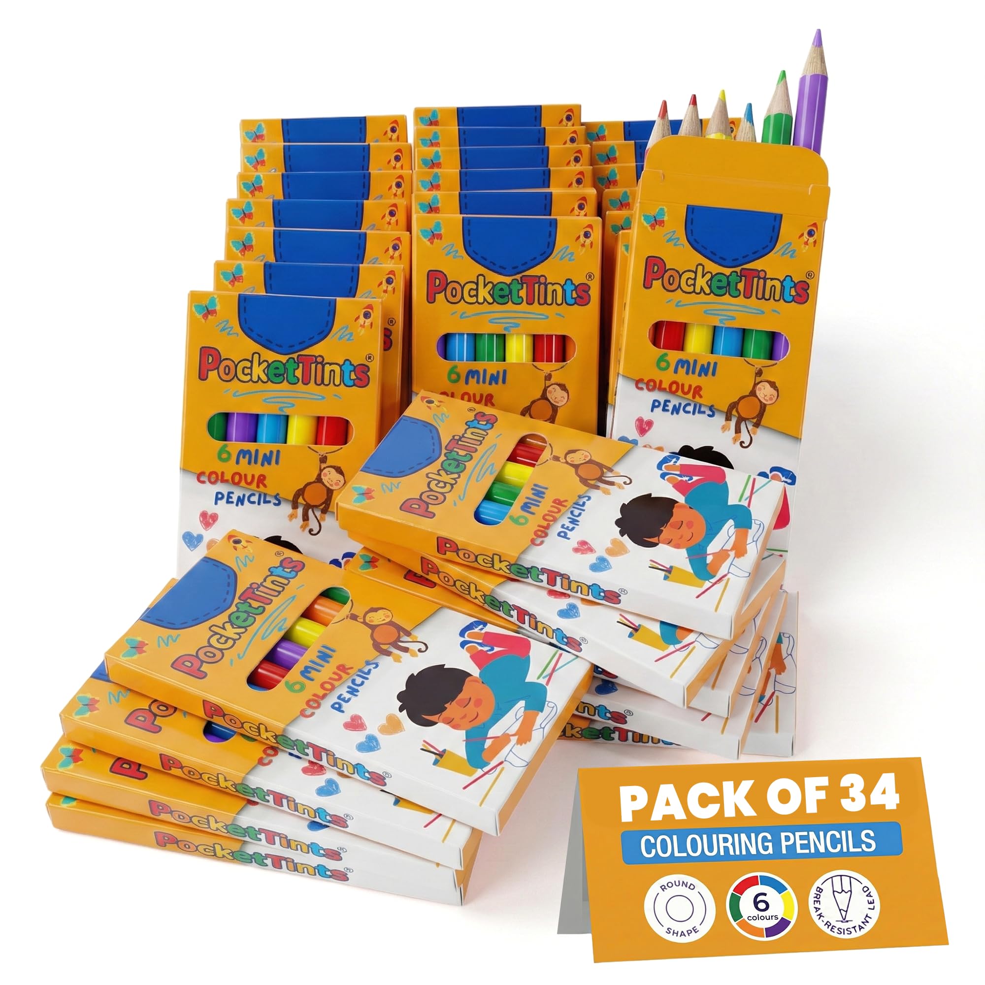 PocketTints 34 Packs Mini Colouring Pencils Set– 6 Pencils Per Box, Total 204 Colouring Pencils for Kids, 9cm Round Shape Assorted Colouring Pencils for Children - Perfect Birthdays & Classroom Gifts