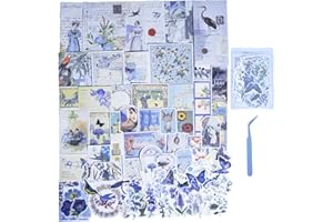 CHRYCELESTE 200pcs Vintage Blue Scrapbook Stickers and Paper, Journal Stickers Kit, Junk Journal Paper Kit - Botanical Flowers,Plastic Case Packaging with Handy Pliers(Blue Myth)