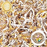 ZUVYRO 2.2 LB Crinkle Paper Filler, White Gold Shredded Paper for Gift Baskets, Gift Wrapping Decoration, Fluffy Crinkle Paper Great for Birthday, Christmas, Wedding and All Occasions