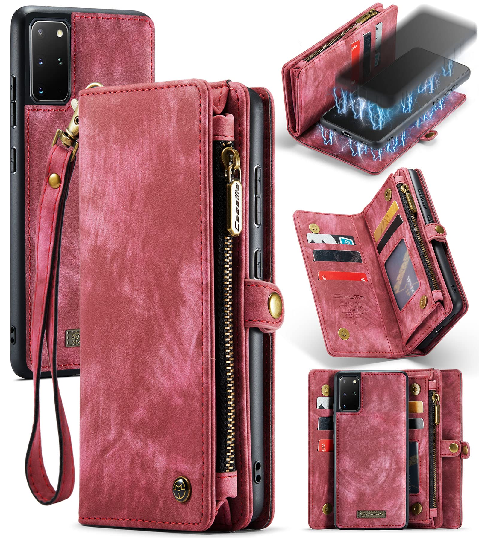 UFinetech Detachable Samsung Galaxy S20 Plus Case Wallet TPU Leather Flip Magnetic Slot Card Holder Zipper 2020 Stylish Luxury Designer 2-in-1 Purse Holster Cover for Samsung Galaxy S20+ 5G Red