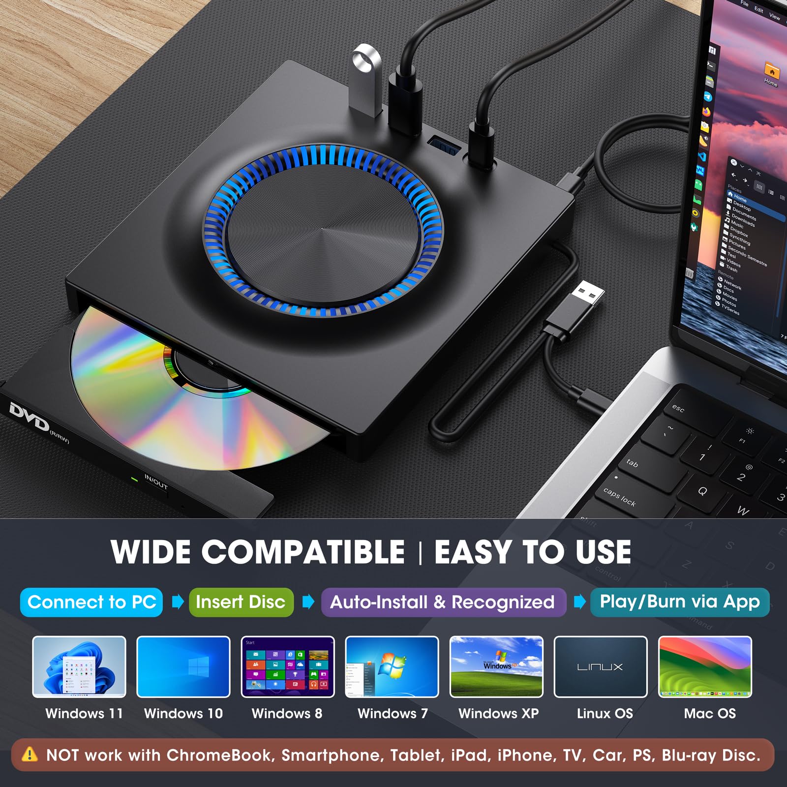 ROOFULL External DVD Drive, CD Drive Burner DVD Player with USB 3.0 & USB-C Hub and SD Card Reader, Portable DVD CD ROM +/-RW Disk Drive Writer for Laptop Mac Windows 11/10/8/7 Linux Computer PC
