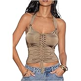 OYOANGLE Women's Lace Up Sleeveless Halter Crop Top Low Cut Tie Backless Fitted Y2K Going Out Tops