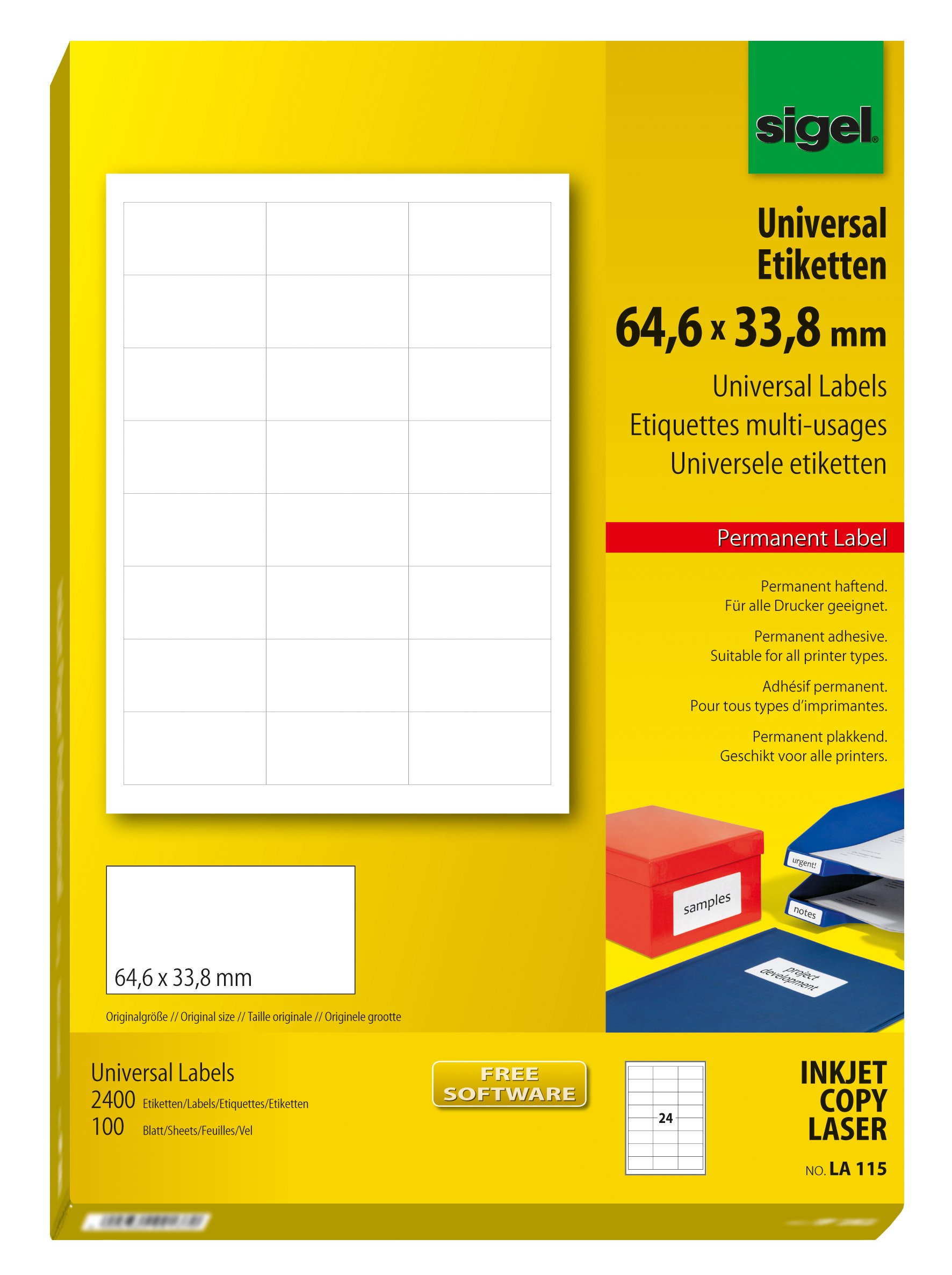 SIGEL LA115 Universal Permanent Labels, white, 6.46 x 3.38 cm, 2400 lbl = 100 sheets, white