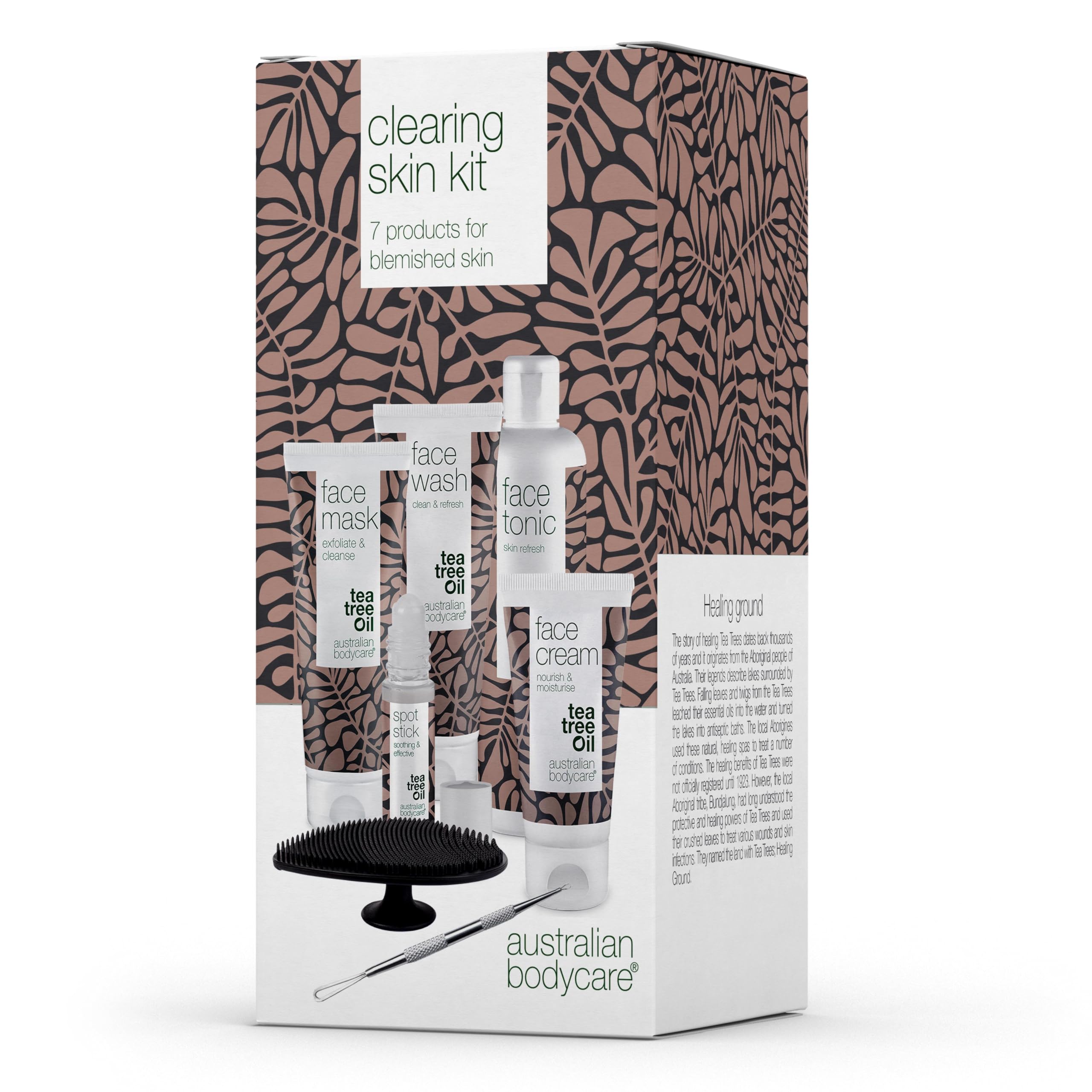 A 7-piece set for daily care for clogged pores and blemished skin, facial cleansing, skin tonic, face cream, pimple stick, face mask, blackhead remover and face brush