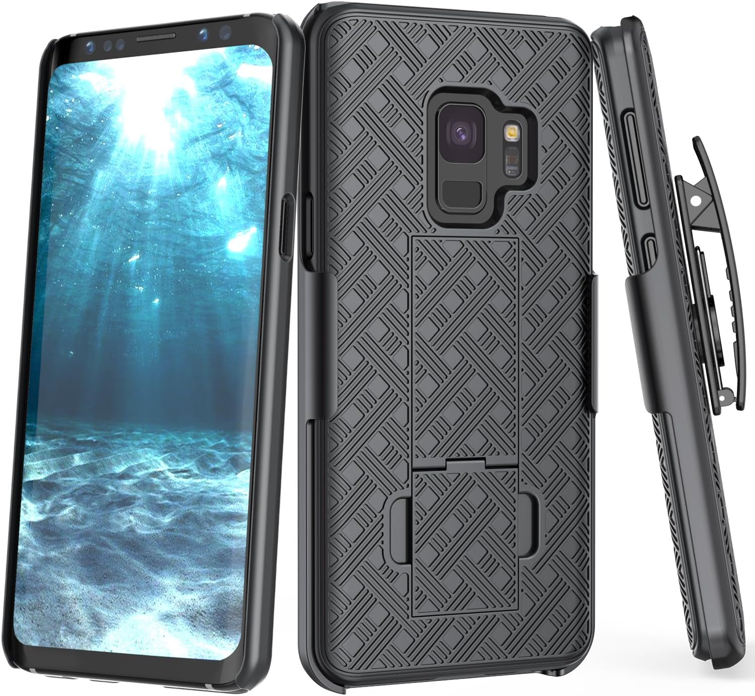Galaxy S9 Case, TILL [Thin Design] Holster Locking Belt Swivel Clip Non-Slip Texture Hard Shell [Built-in Kickstand] Combo Case Defender Cover for Samsung Galaxy S9 All Carriers [Black]