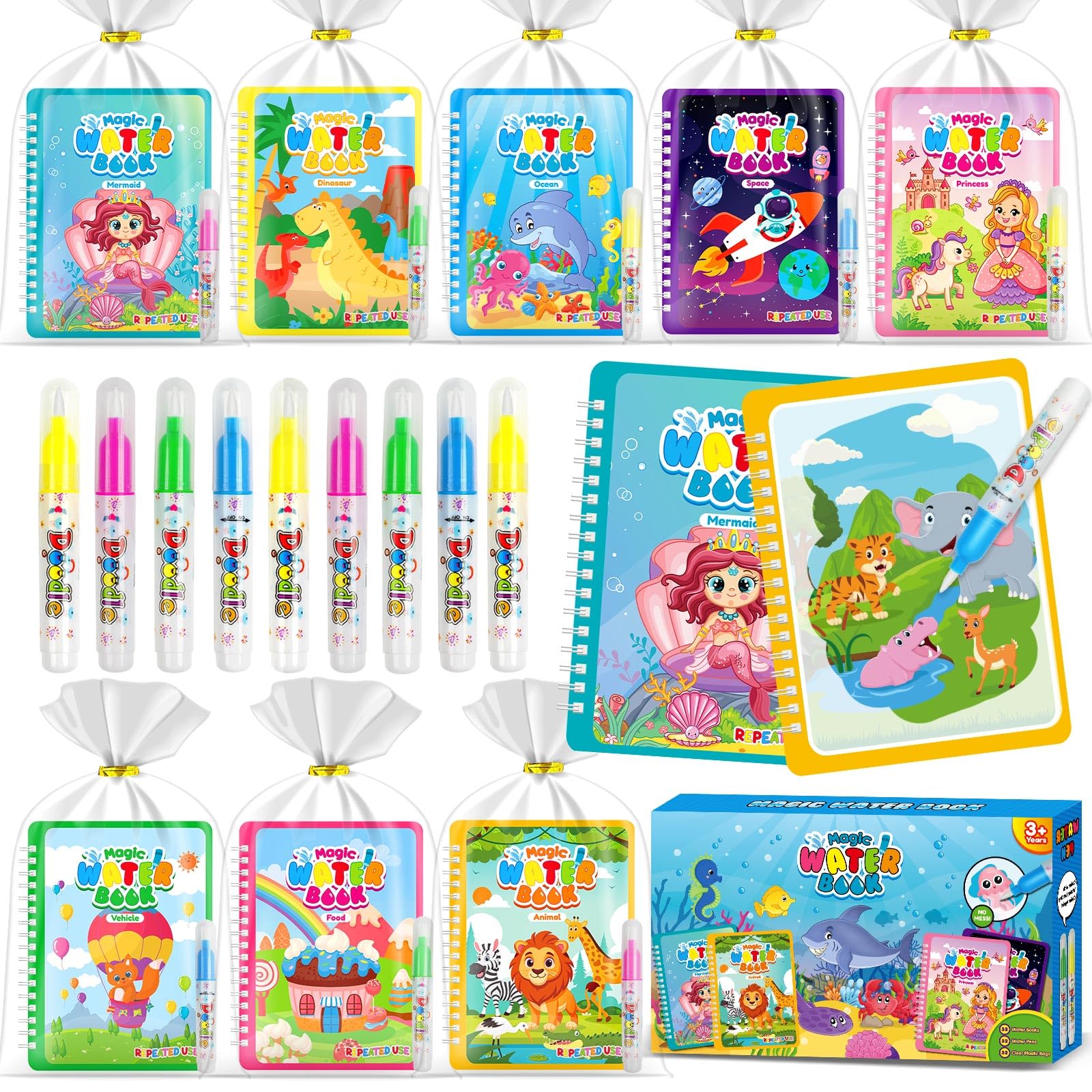 LIKYMO 32 Magic Water Colouring Books, Party Bag Fillers for Kids, Easter Gifts & Water Painting Books for Kids, Mess Free Colouring, Educational Travel Doodle Drawing Toys for Toddlers (Regular 32) — image 1