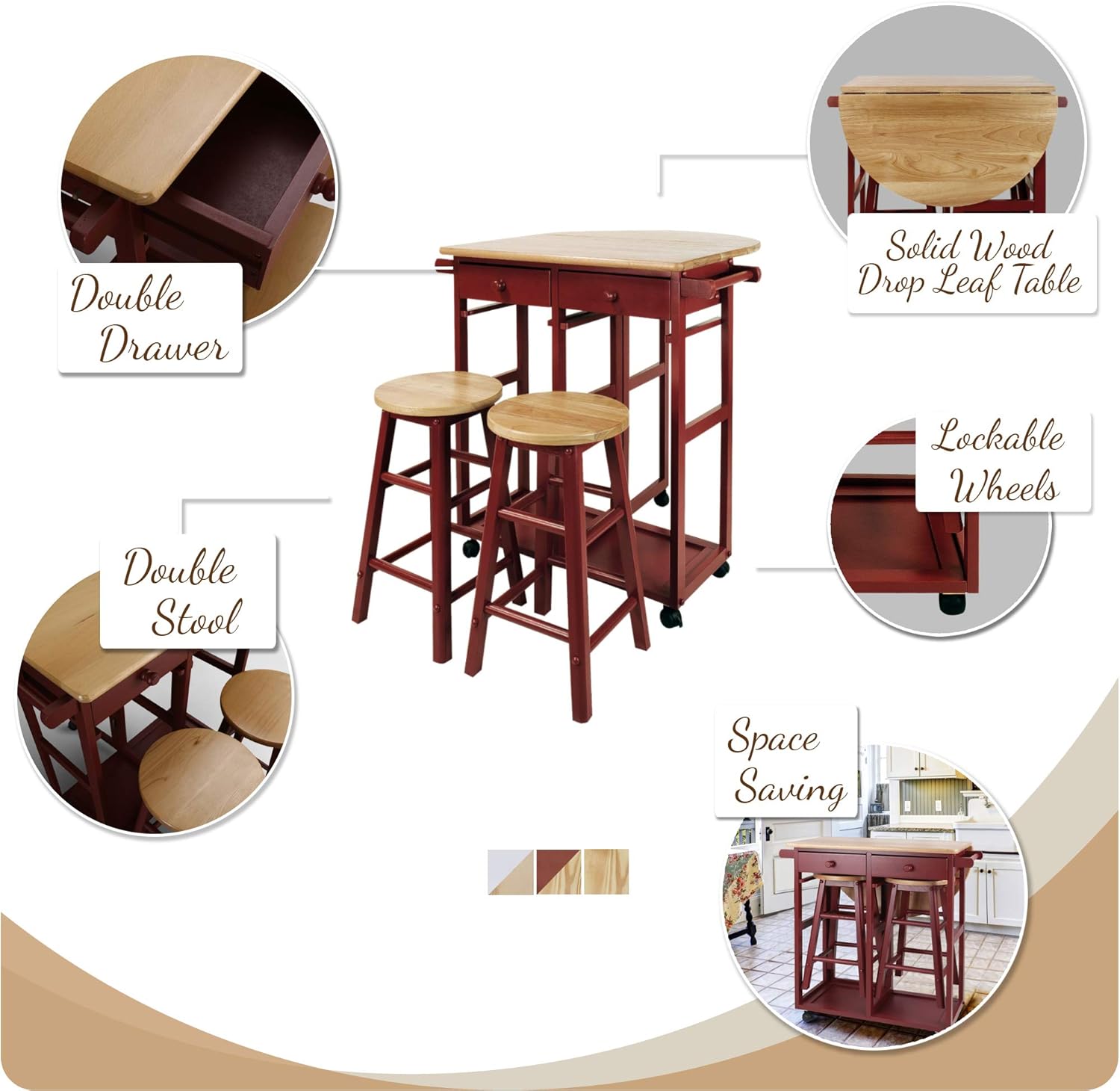 Casual Home Drop Leaf Breakfast Cart with 2 Stools-White: Furniture & Decor