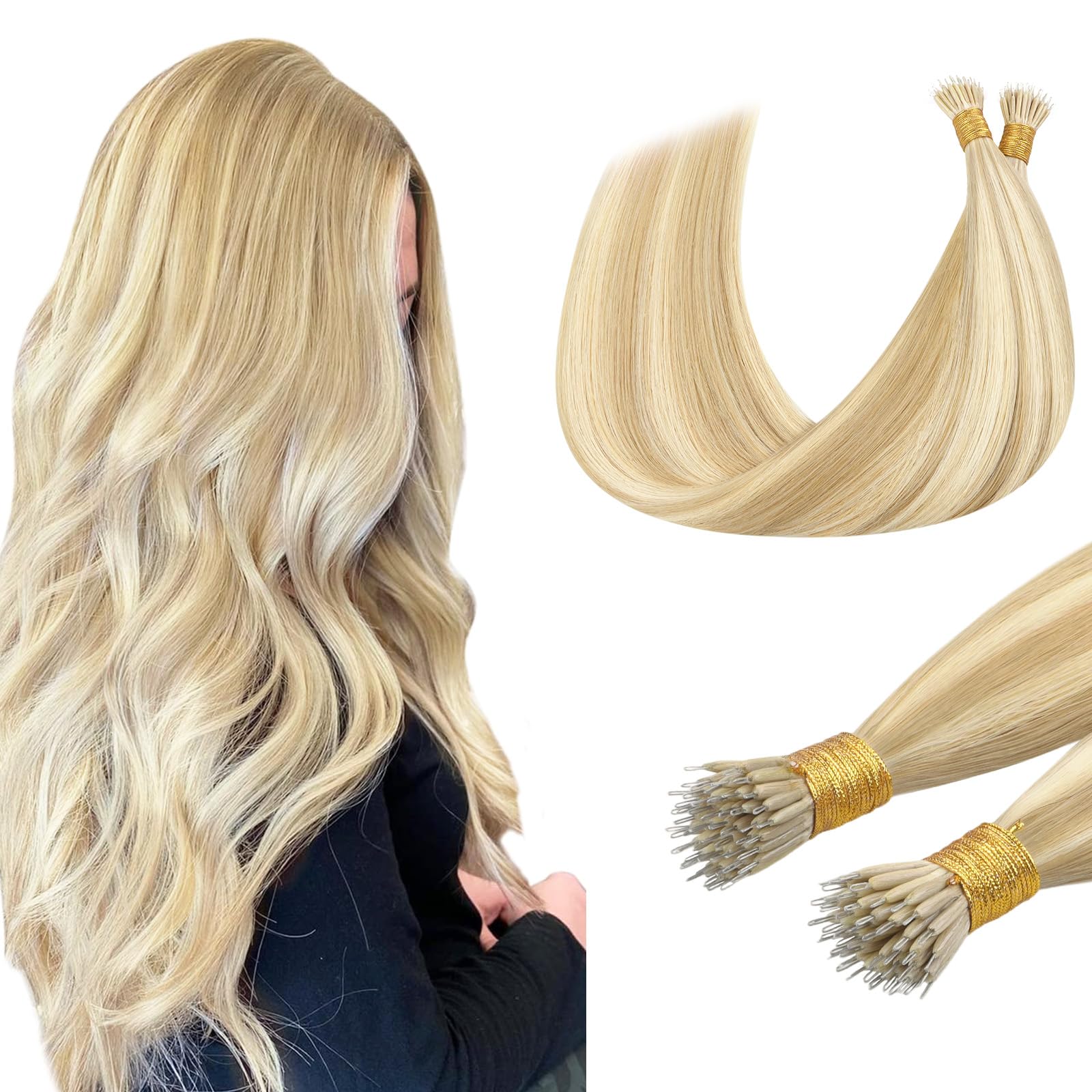 DOORES Nano Hair Extensions Real Human Hair, Dark Blonde Highlighted Bleach Blonde 14 Inch 50g 100s, Cold Fusion Nano Beads Hair Extensions Lightweight — image 1