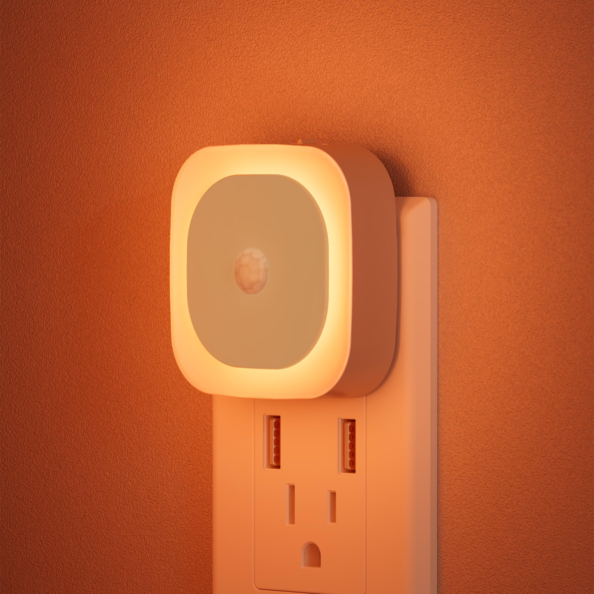 Photo 1 of YUNLEX 2 Pack Plug in Night Light with Motion Sensor & Dusk to Dawn Sensor, 3 Sensor Modes, Dimmable Night Lights Plug into Wall, Amber Nightlight for Sleep, Bathroom, Bedroom, Indoors, Kids