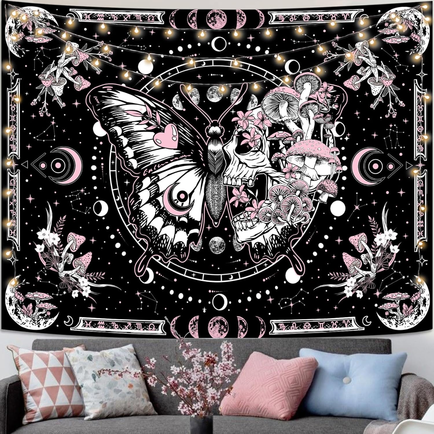 Tapestries - Fungarth Skeleton Butterfly Tapestry Pink Skull Hippie Mushroom Plants Tapestry for Bedroom Moon phase Aesthetic Tapestries Wall Hanging for Living Room Dorm (Pink, 60” x 44”)