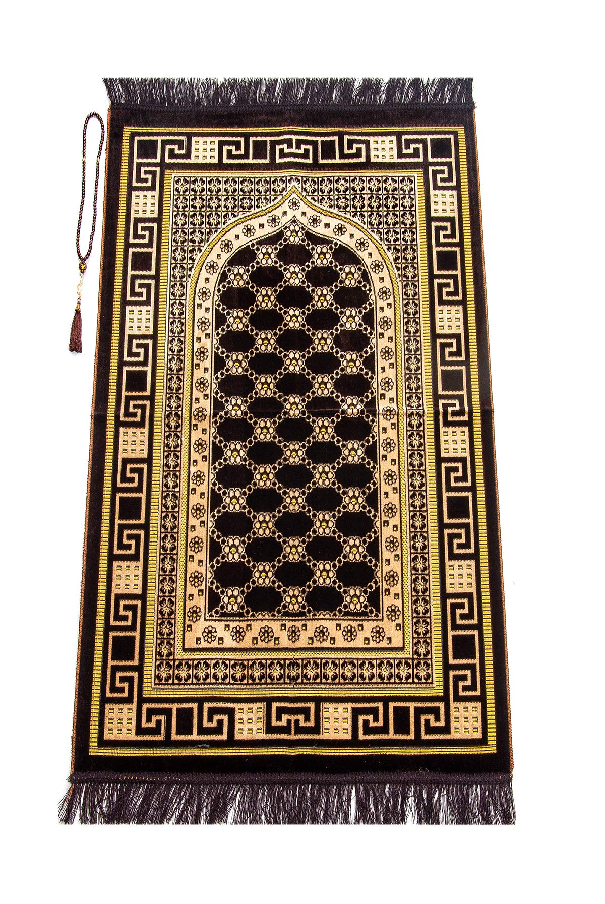 ihvan online Luxury Velvet Muslim Prayer Rug with Prayer Beads, Janamaz, Thick Soft Sajadah, Islamic Gift, Portable Prayer Carpet Mat, Velvet Fabric, Dark Brown