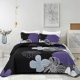 Purple Floral Quilt Set Queen Size - 3 Pieces Purple Flower Pattern Coverlet Set, Soft Microfiber Lightweight Quilted Bedspread for All Season with 2 Pillowcases All Seasons Bed Cover Set 96"x90"