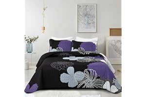 ANIBEDDING Purple Floral Quilt Set Queen Size - 3 Pieces Purple Flower Pattern Coverlet Set, Soft Microfiber Lightweight Quilted Bedspread for All Season with 2 Pillowcases All Seasons Bed Cover Set 96"x90"