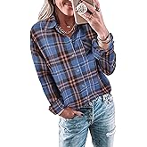 Wenrine Womens Long Sleeve Button Down Shirt Casual Plaid Flannel Shirt Collared Blouse Tops