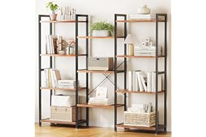 Casaottima Triple 4 Tier Bookshelf, Large Bookcase with 11 Open Display Shelves, Modern Industrial Book Shelves Book Case for Bedroom, Wide Standing Shelving Unit for Living Room Home Office, Vintage