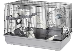 LOOBMBNS Multilevel Hamster Cage Starter Kit 22″Lx12″Wx15″H with Spacious Platforms, Exercise Wheel, Hide-House, Water Bottle, Bathtub, Ladders, Food Bowl, Black/Gray