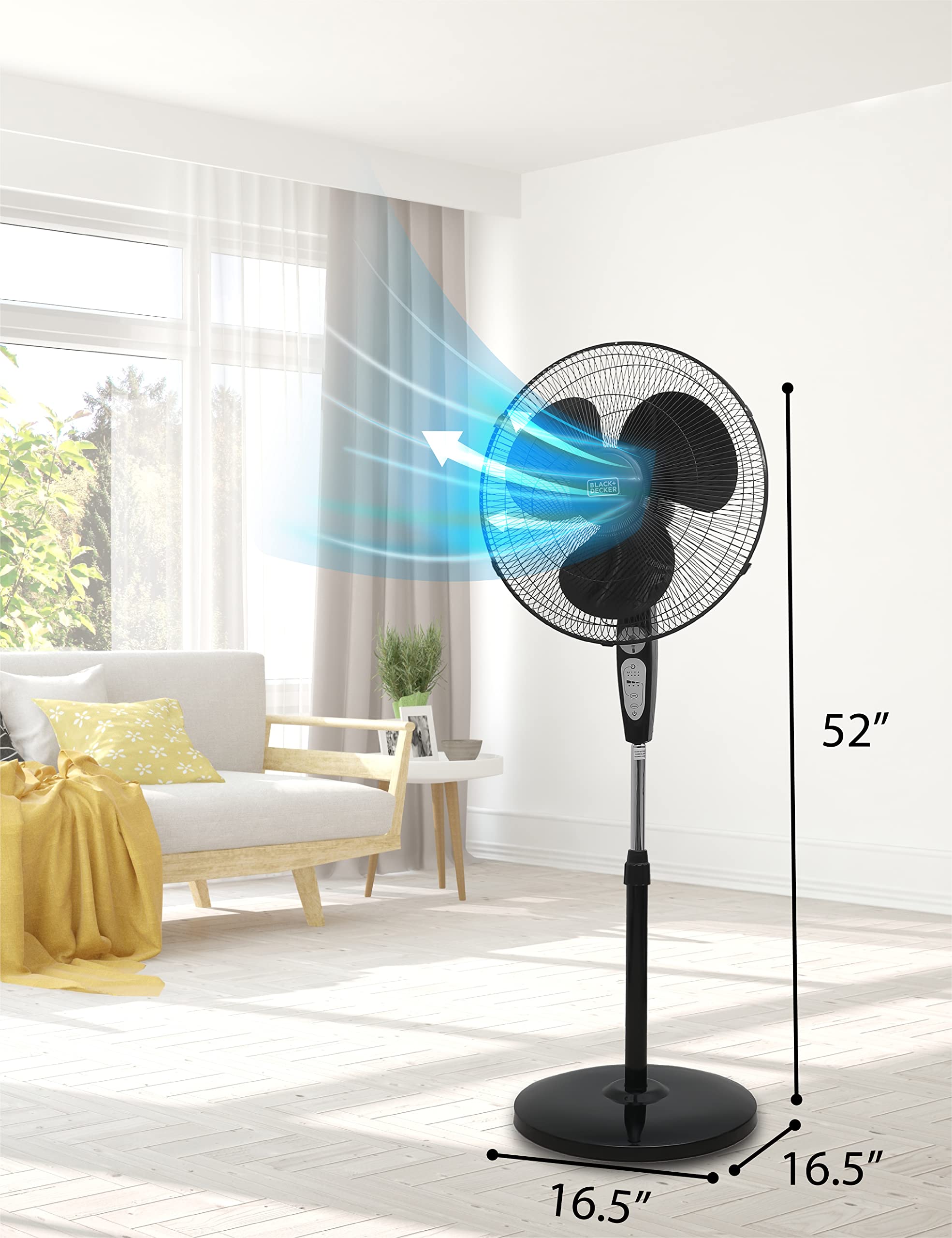 BLACK+DECKER 18-Inch Stand Fan with Pedestal Base, Height Adjustable Pedestal Fan with Remote and Touch Control Panel, Free Standing Fan with 90-Degree Oscillating and 3-Speed Settings, Black