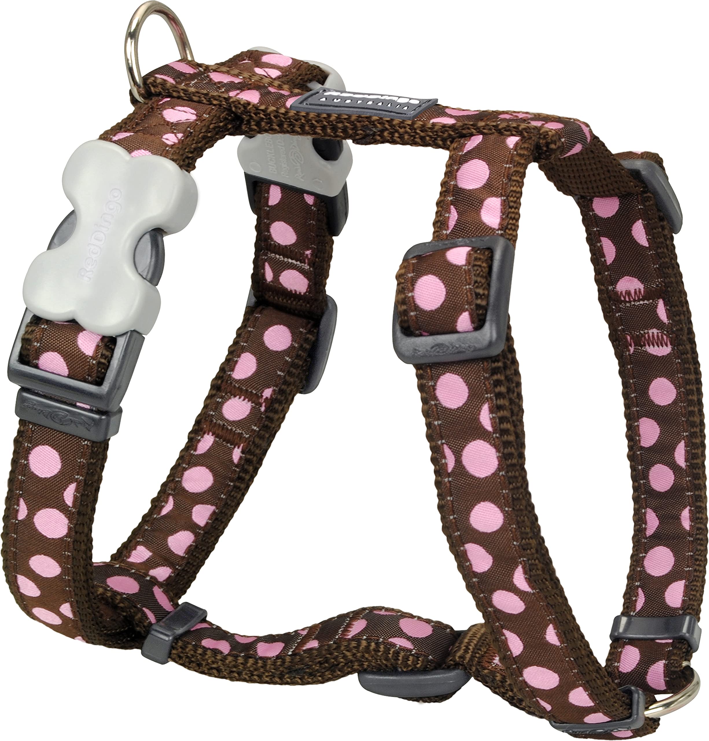 Red Dingo Classic Dog Harness Design, Pink Spots on Brown, Large 25mm