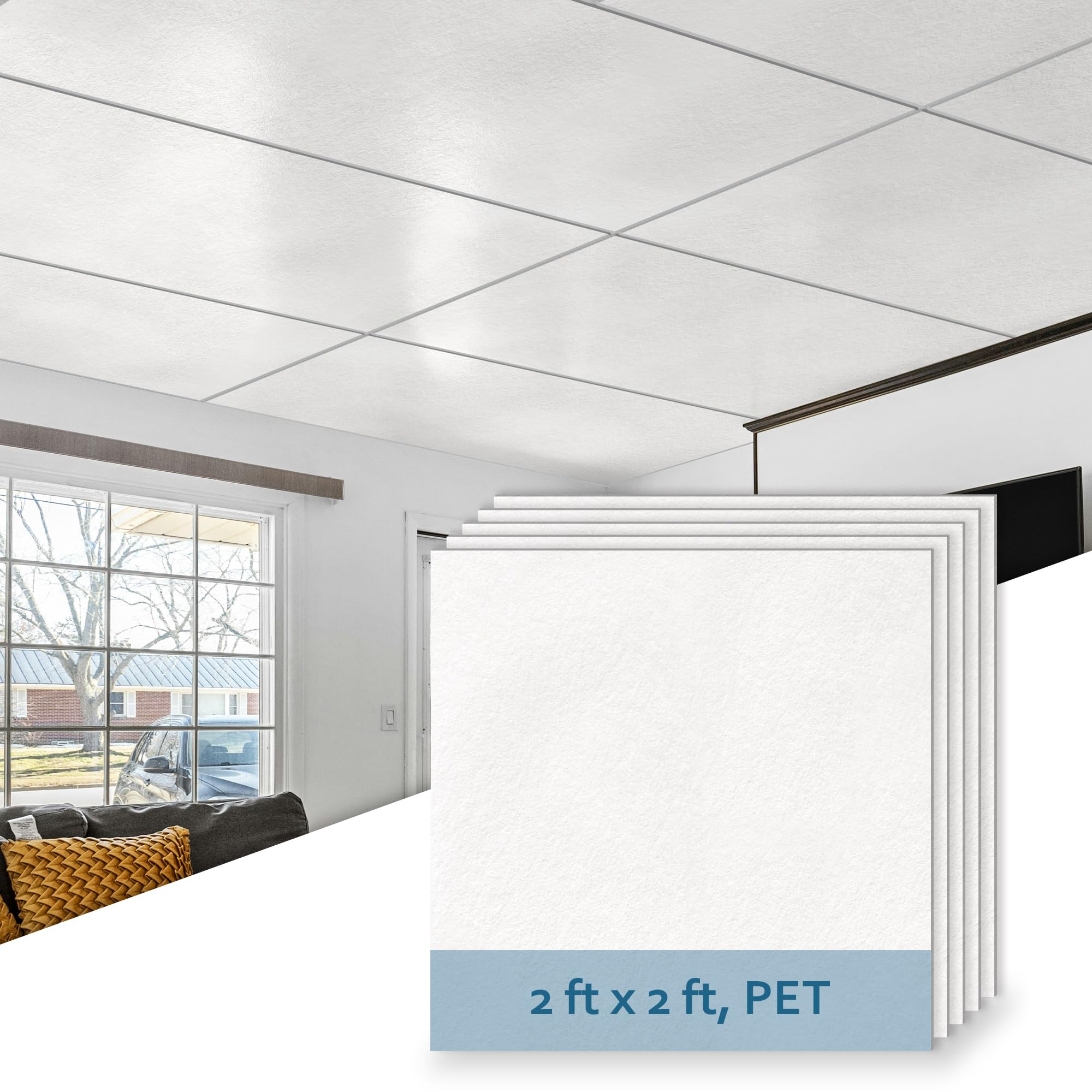 Photo 1 of SUNWINGS 10-Pack Drop Ceiling Tiles, 24" x 24" White PET Decorative Ceiling Felt, 2ft x 2ft PET Waterproof Fire-Rated Covering Panels for Kitchen Bathroom Basement, Cover 40 Sq. Ft.