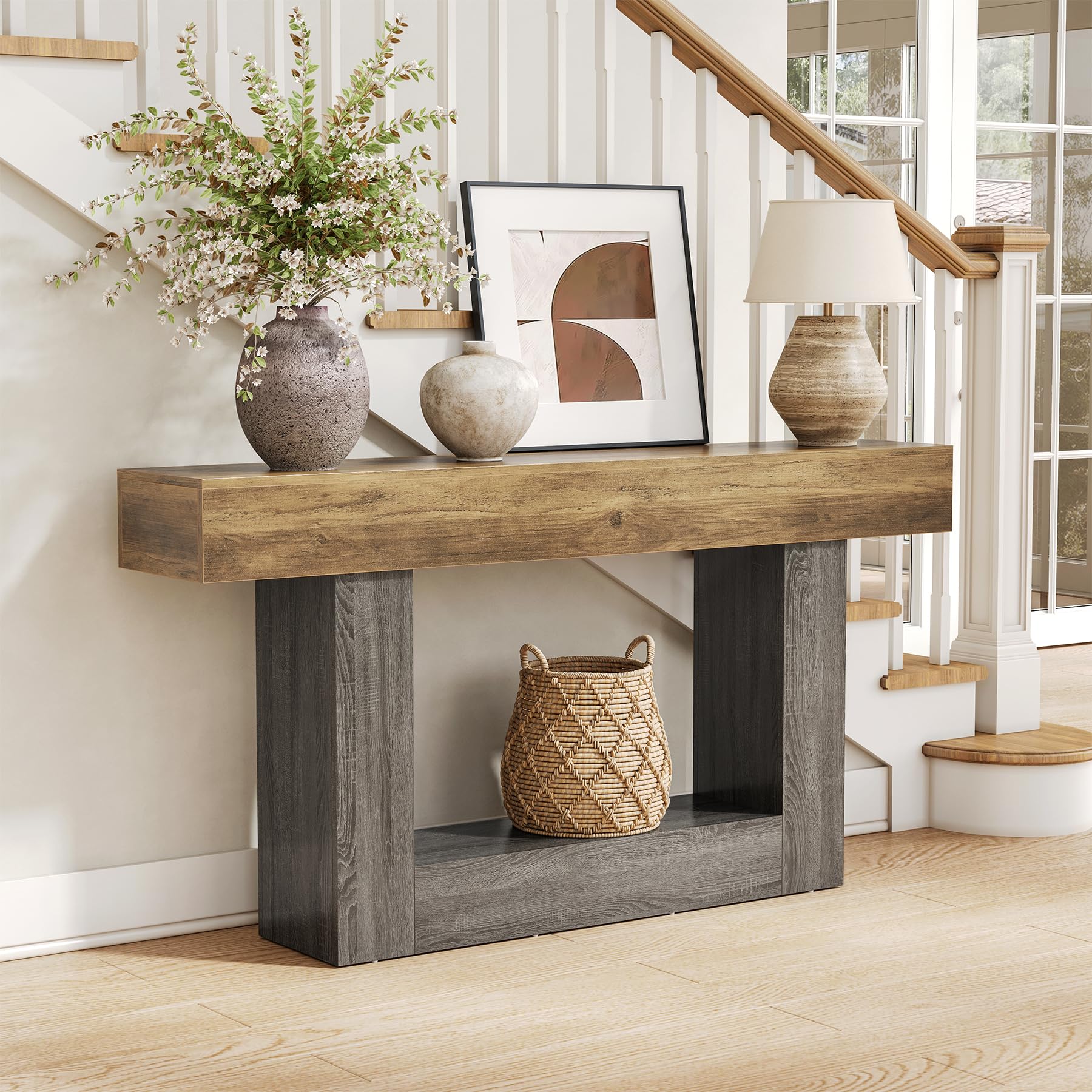 Photo 1 of LITTLE TREE 63 Inches Long Console Table, 2-Tier Farmhouse Sofa Table Behind Couch, Large Narrow Entryway Table for Living Room, Wooden Hallway Foyer Table with Heavy Duty Base, Rustic Brown and Grey