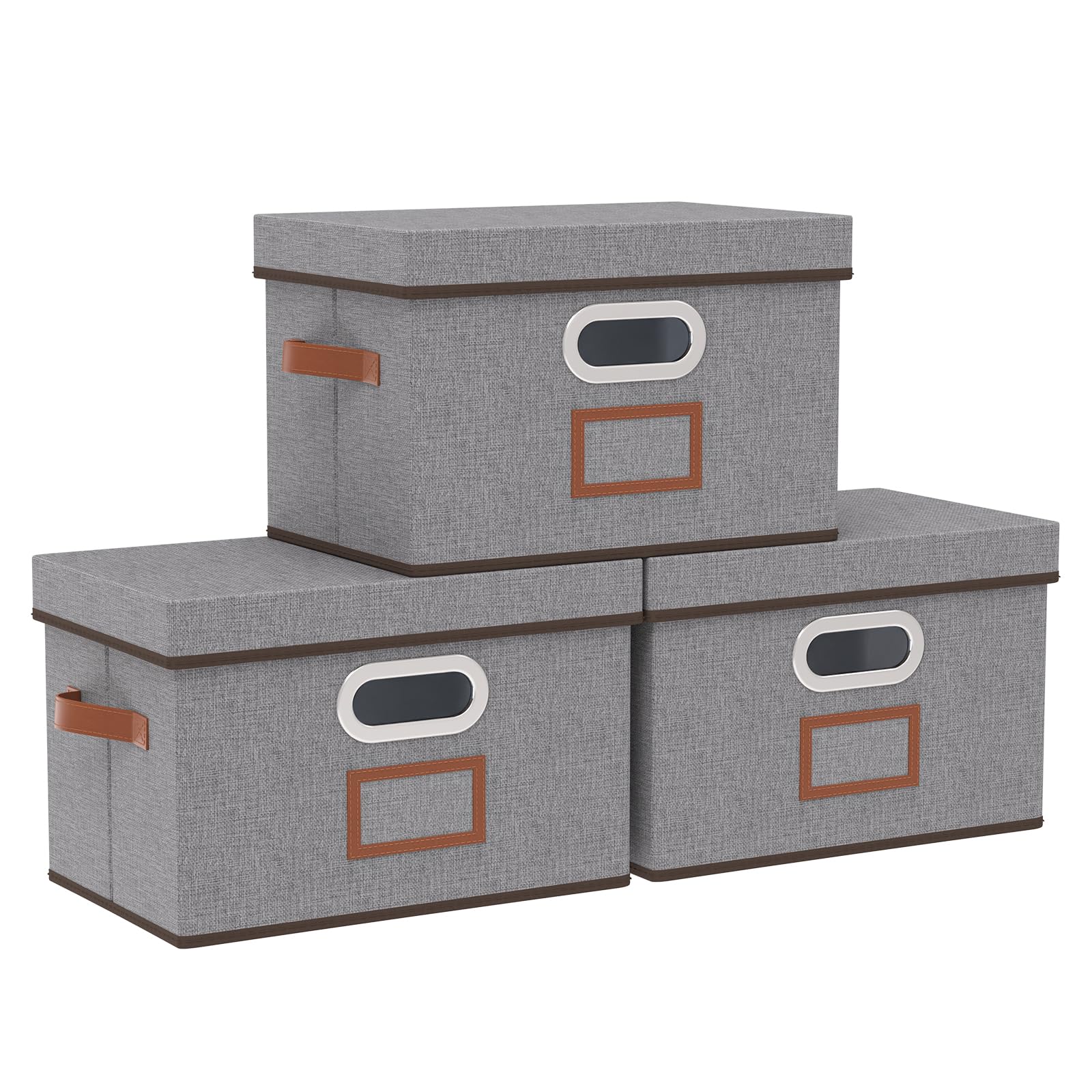 OUTBROS Storage Baskets with Lids, Collapsible Bins for Shelves, Fabric Cube Organiser, Home Office Clothes Containers, 38 x 25 x 25 cm, Grey, 3-Pack