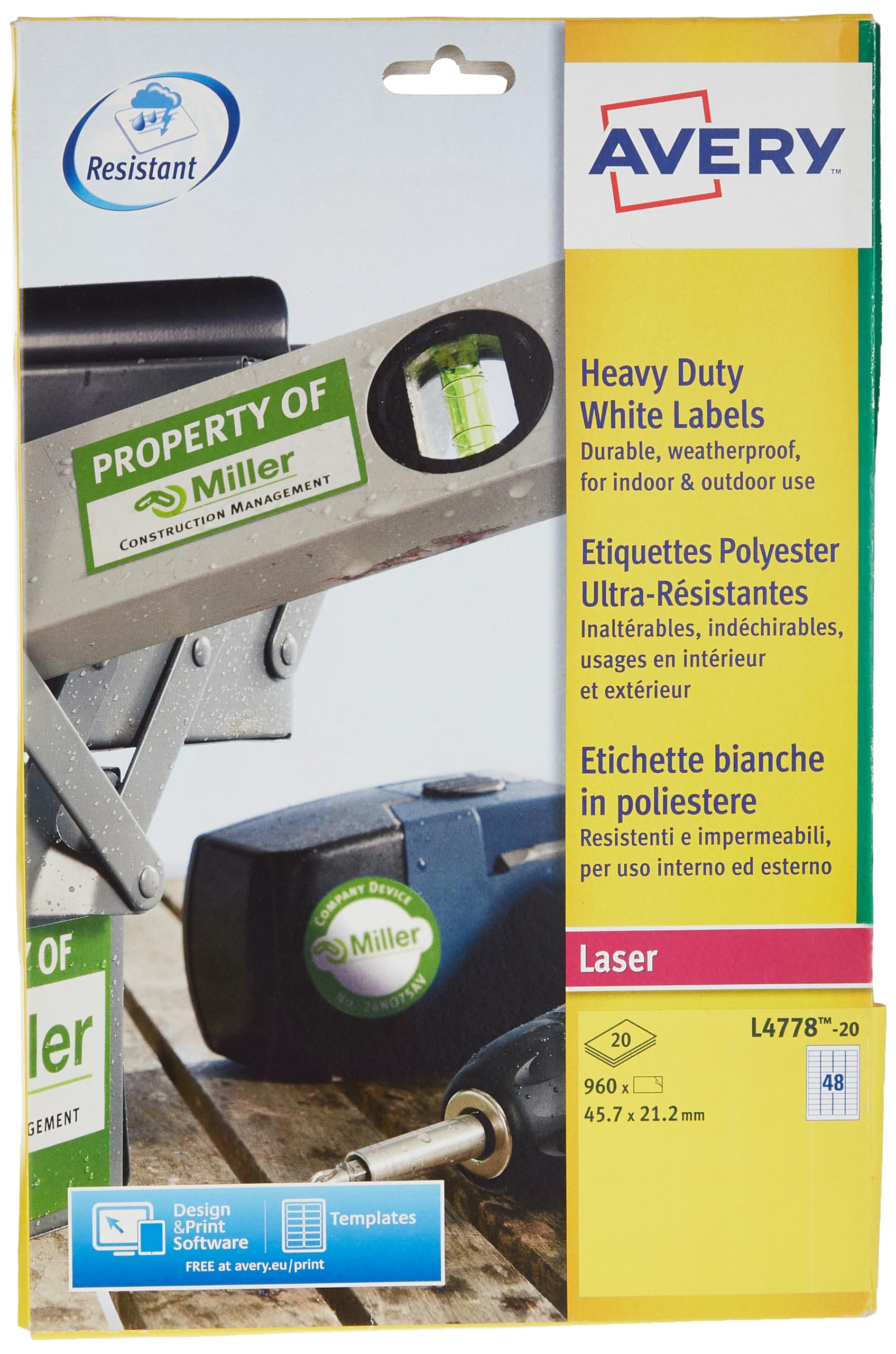 Avery L4778-20 960x Ultra-Resistant Labels 45.7 x 21.2 mm White for Laser Printers