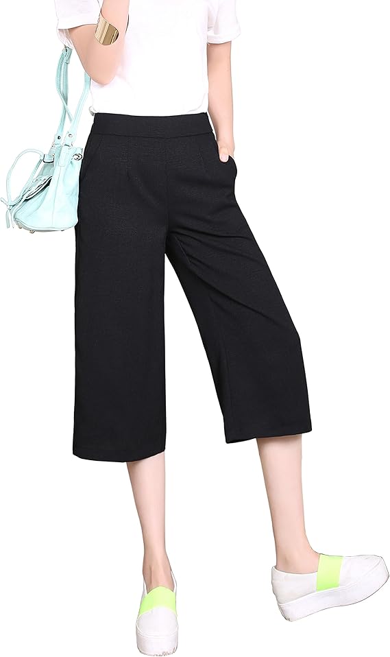 Amazon アイラブコス Ilovecos レディース ガウチョパンツ ワイドパンツ クロップトパンツ ストレッチ 通勤 オフィス カジュアル ブラック ゴム 薄手 Xl カプリ クロップトパンツ 通販