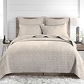 Levtex Home - Melange Stitch Quilt Set - Full/Queen Quilt and Two Standard Shams - Solid Stitched - Natural - Quilt (88x92in.) and Shams (20x26in.) - Reversible - Polycotton Blend