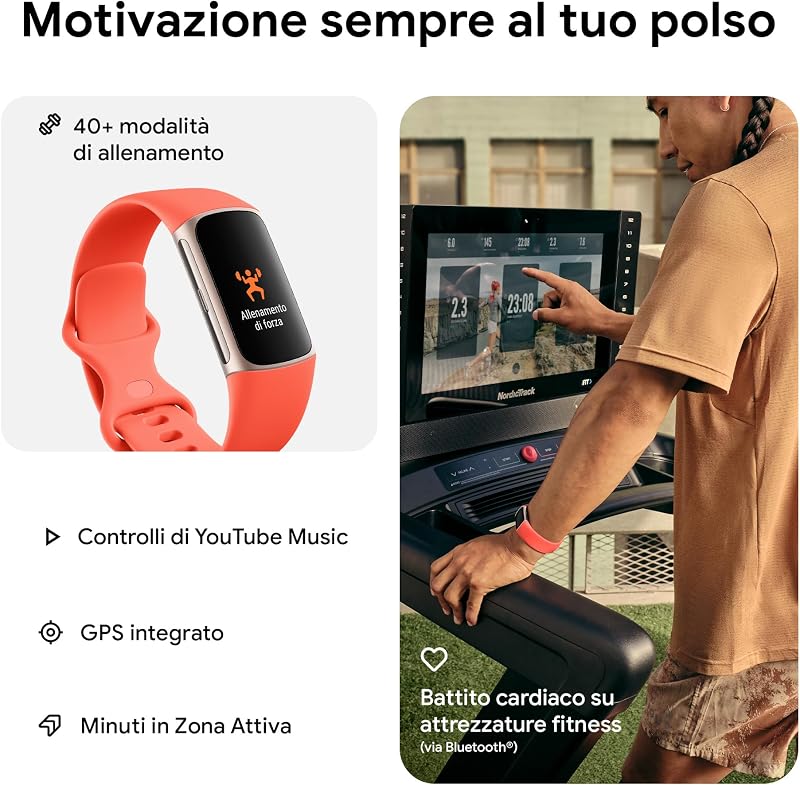 Google Fitbit Charge 6 Activity tracker con abbonamento Google Health Premium di 3 mesi incluso, 7 giorni di durata della batteria, Alluminio Corallo/Oro Champagne