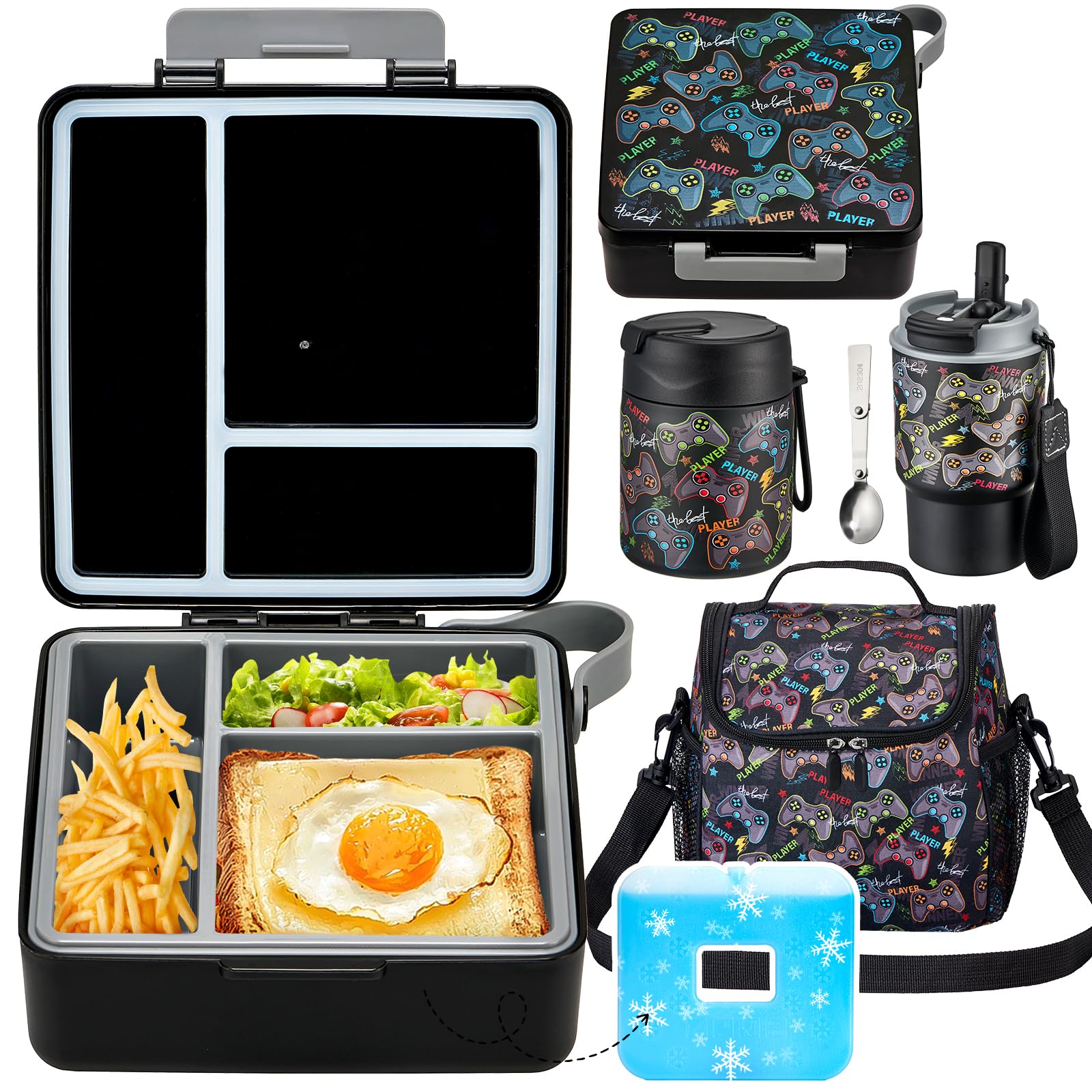 Photo 1 of Pawtong Lunch Box Set with Bento Box Container, 17OZ Stainless Steel Food Soup Thermo, Kids Water Bottle & Portable Insulated Lunch Bag – Leakproof, Hot/Cold Retention for School, Travel (Black-Game)