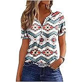 Aztec Print T-Shirt Women Rodeo Country Concert Tops Western Tribal Ethnic Style Shirt Cowgirls Henley Button Down Top