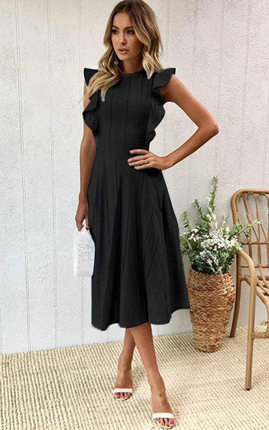 ECOWISH Womens Dresses Elegant Ruffles Cap Sleeves Summer A-Line Midi Dress at  Women’s Clothing store