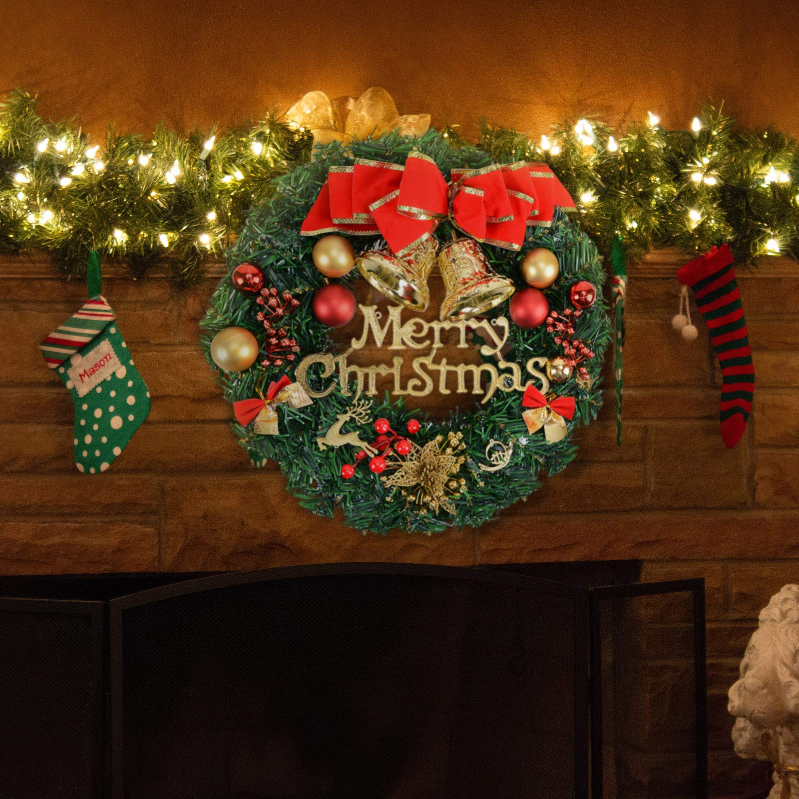 Voilamart Christmas Wreath 40CM/16Inch Artificial Garland with Bowknot Bells and Baubles Xmas Decorations for Fireplaces Stairs Wall Door