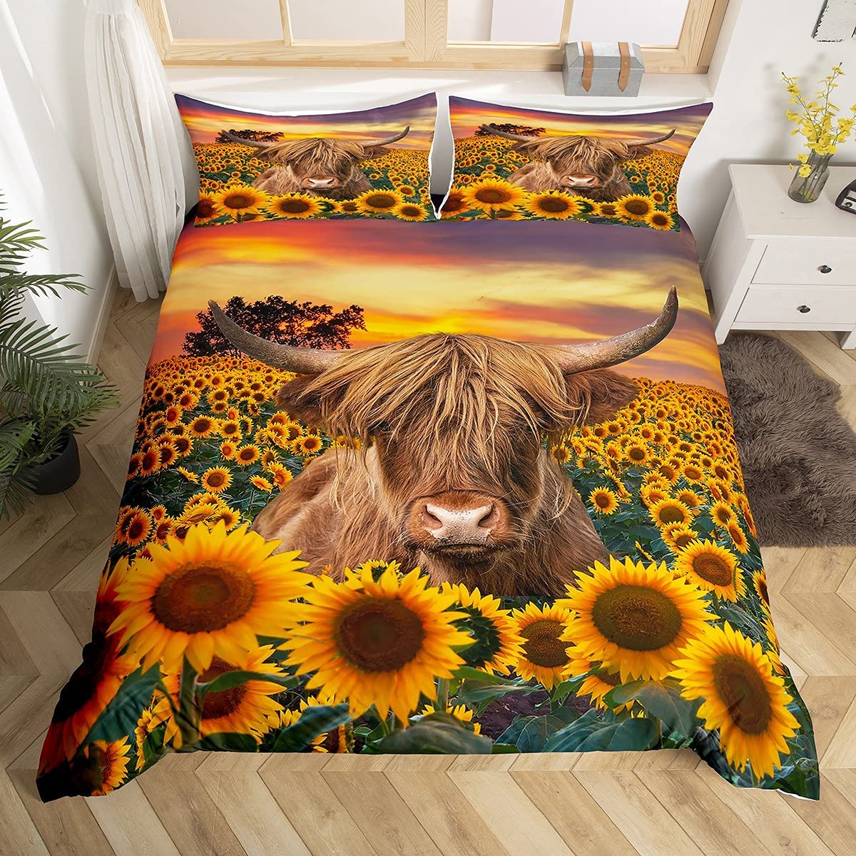 Highland Cow Bedding Set Kids Sunflower Cattle Bedding & Linen for Girls Teens Farmhouse Wildlife Animal Duvet Cover Floral Western Cow Bull Quilt Cover 2Pcs Single Size