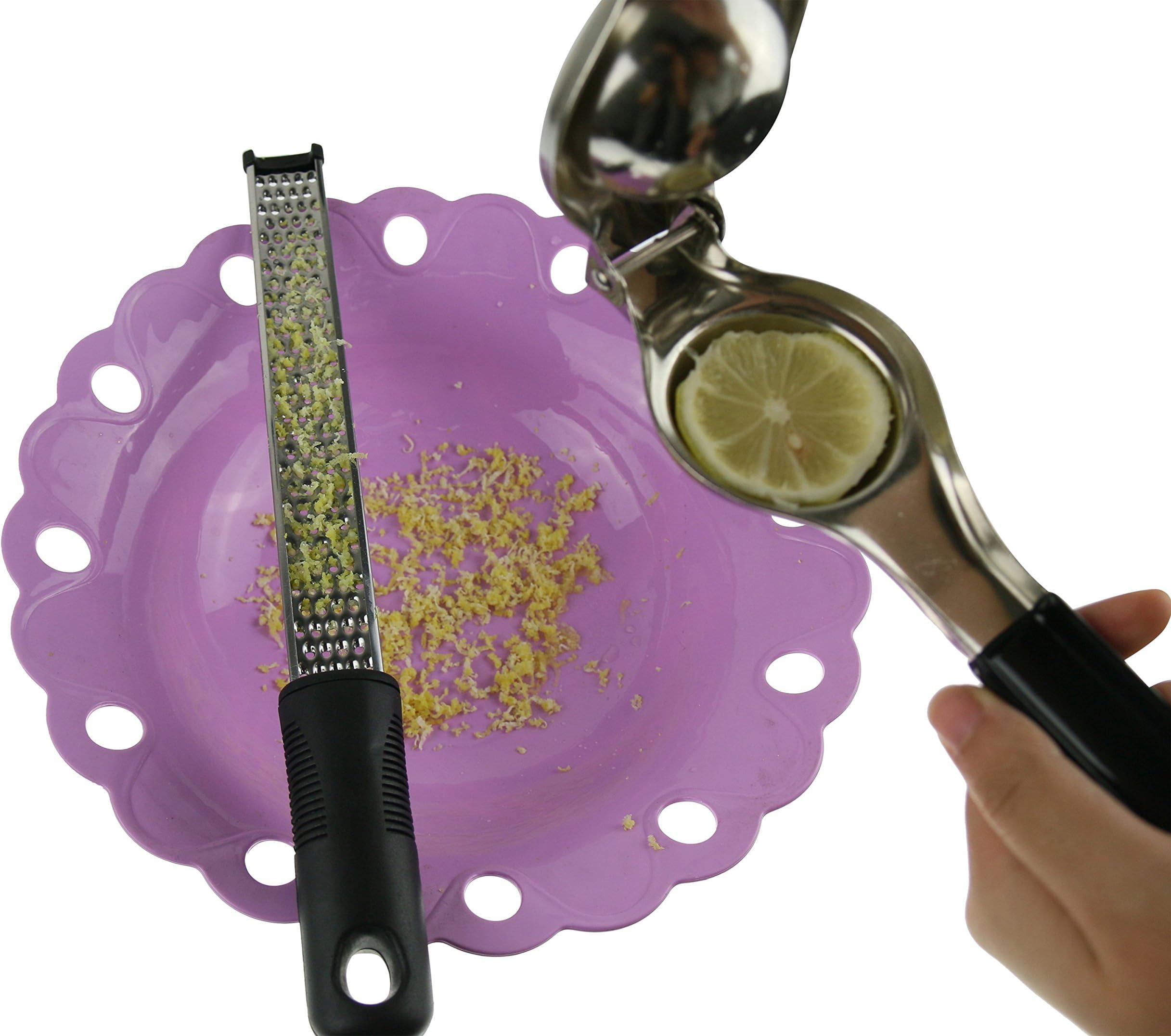 Best Zester Grater and Lemon Squeezer Stainless Steel for Cheese, Citrus, Ginger, Parmesan by Foodelicious