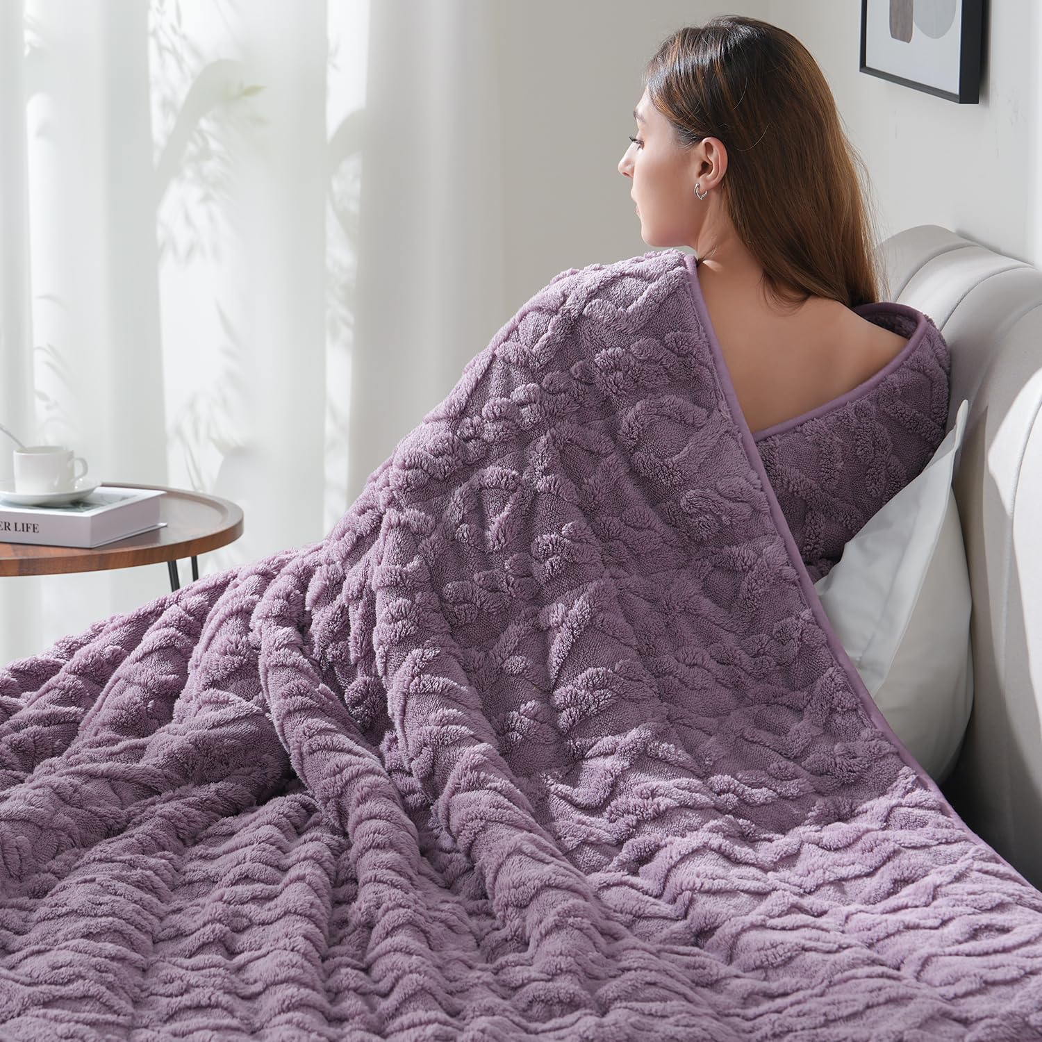 Photo 1 of 20lbs Weighted Blanket for Adults, Thick Fuzzy Jacquard Sherpa Weighted Blanket Queen Size with Ceramic Beads, Soft Cozy Sofa Bed Blanket for Calming and Relaxing, Purple, 60 x 80 inches