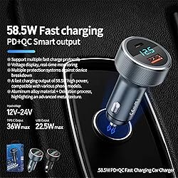 USB C Car Charger Adapter, Aluminum Shell and LED
