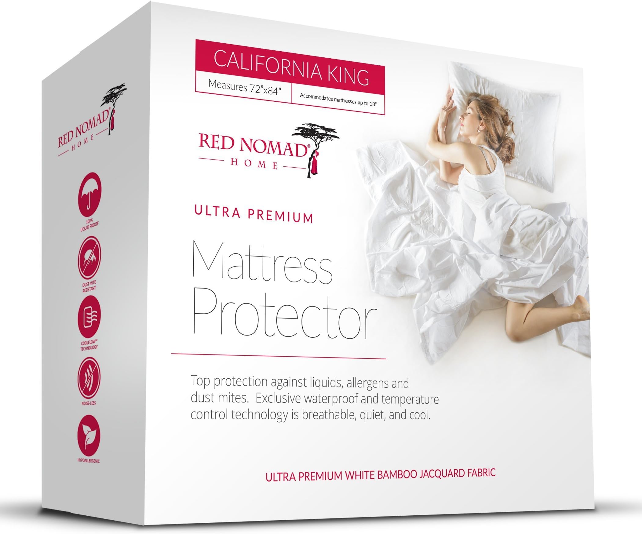Red Nomad Waterproof Mattress Protector, Complete Bed Mattress Cover, Ultra-Soft Bamboo Fabric with Noiseless Polyurethane Backing – California King Size