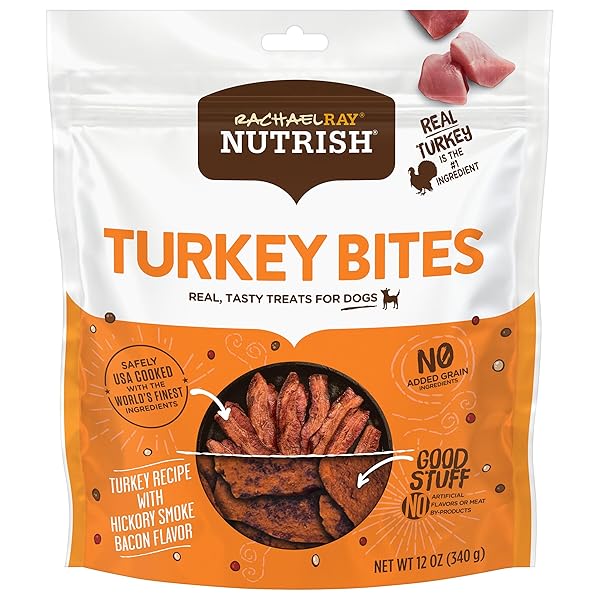 RACHAEL RAY NUTRISH TURKEY BITES TURKEY RECIPE WITH HICKORY SMOKE BACON FLAVOR DOG TREATS, 12 OZ. POUCH