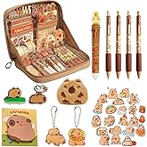 LJJINGXS Cute Capybara Pencil Case With 10 Compartments - Gift Set Includes Holder, Ball-Point Pen, Keychain, Stickers, Brooch, and Clips