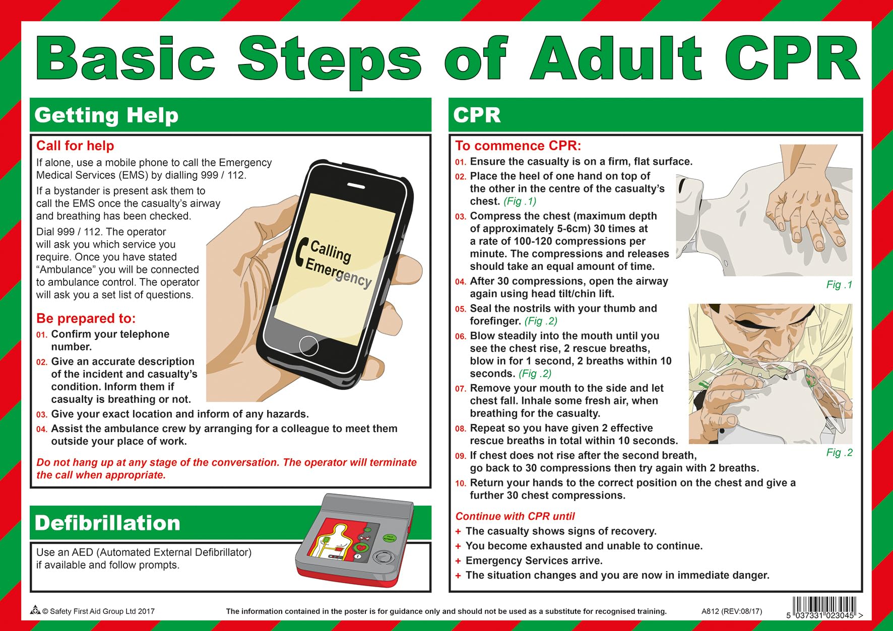 Safety First Aid Group A3 Basic First Aid Steps of Adult Cardiopulmonary Resuscitation CPR Laminated Poster