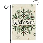 Heyfibro Welcome Christmas Garden Flag 12x18 Inch Double Sided Burlap, Winter Snowflake Yard Flags for Holiday Xmas Seasonal Outdoor Decoration(ONLY FLAG)