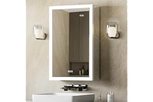 QueenFun LED Medicine Cabinet Mirror 20x32 Surface or Recessed Fogless Lighted Medicine Cabinet with Mirror, Time Display & Stepless Dimming, Built-in Auto-Sensing LED, 2 Outlet &USB, Door Right Open