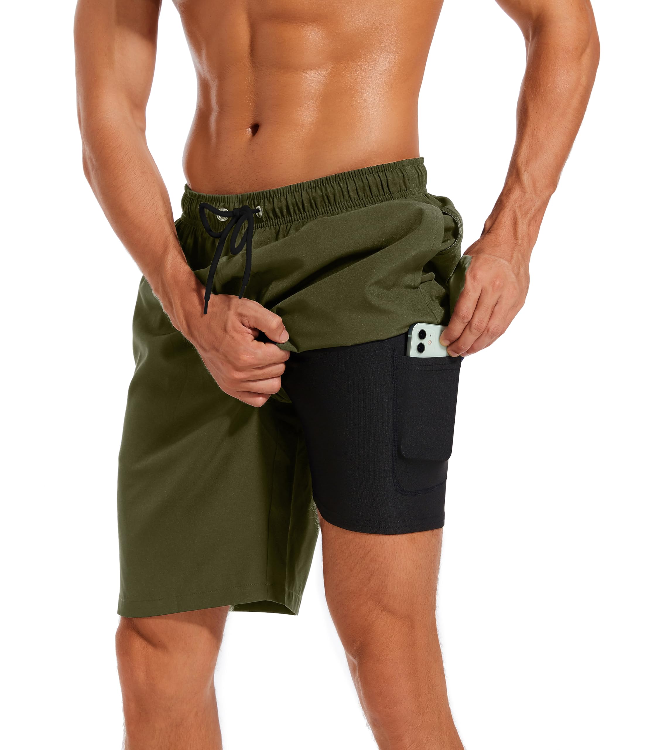 difficort Mens Swimming Trunks with Compression Liner Quick Dry Swimwear Beach Shorts with Zipper Pockets,Army Green,XX-Large Image