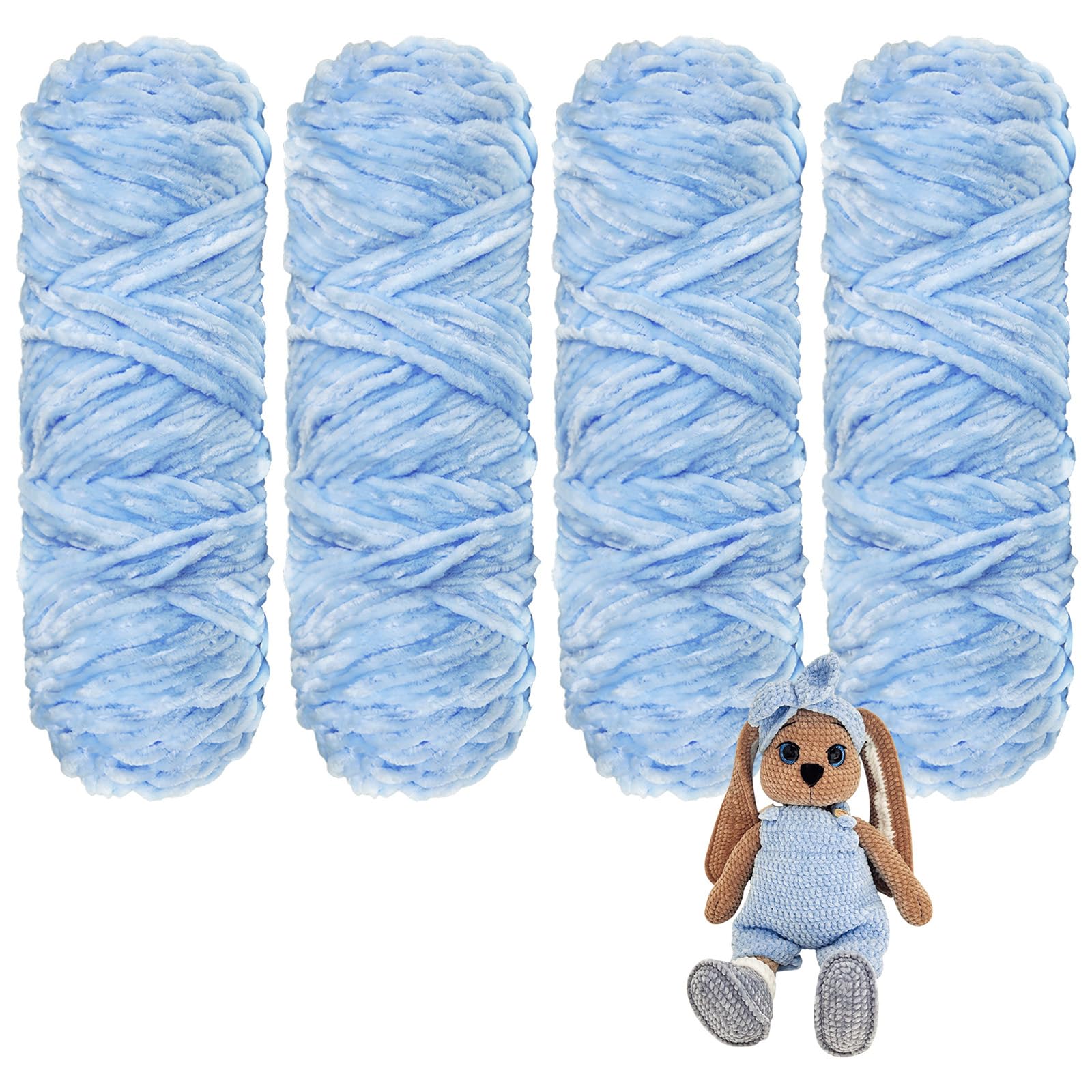 Crochet Yarn Chunky Yarn for Crochet Chunky Wool for Knitting 100g Balls x 4 Chenille Yarn Wool for Crochet Kits for Beginners Adults for Handmade Crafts Hats Blankets Scarves(Light Blue, 4pcs-400g)