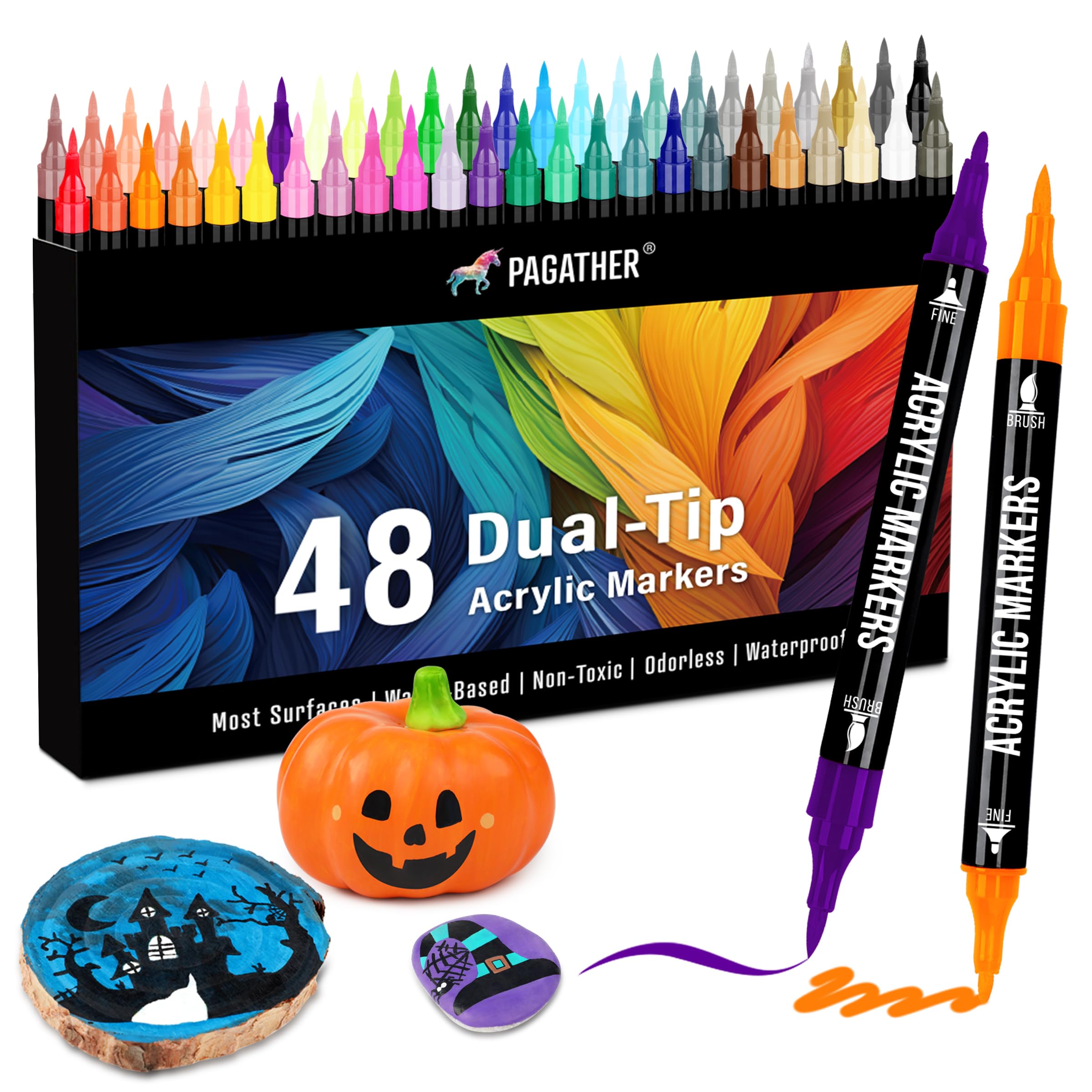 Pagather 48 Colors Acrylic Paint Markers, Dual Tip with Fine Tip and Brush Tip Pens for Stone, Wood, Calligraphy, Canvas, Ceramic, Metal, Glass, Rock Painting, DIY Crafts