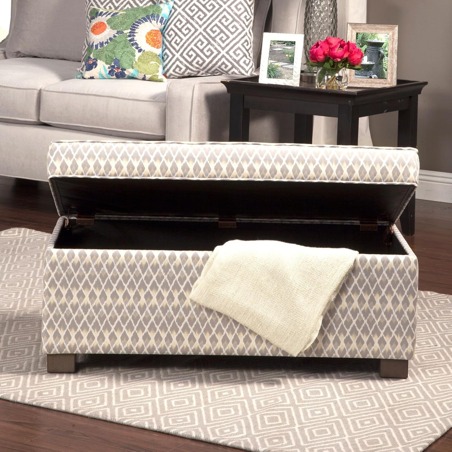 HomePop Upholstered Large Rectangle Storage Bench, Gray Diamond: Kitchen & Dining